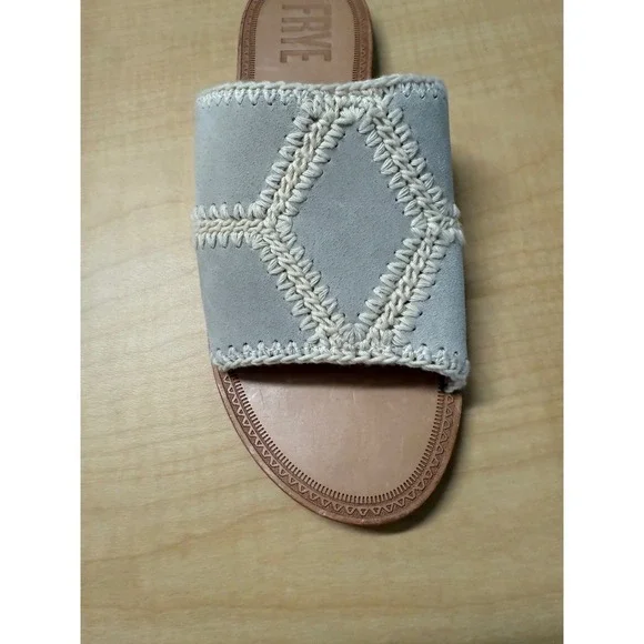 FRYE Women's Slip On Mules Sandals Slides Blue Cream Crochet Detail Size 7 - Picture 5 of 8